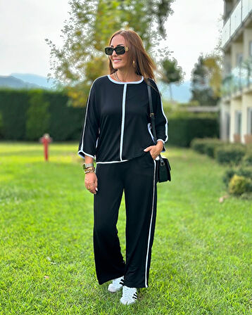 leyla sanat sanata yeni bir bakış açısı Kadın Bisiklet Yaka Fakir Kol Biye Detay Bluz Ve Yüksek Bel Lastikli Pantolon Ikili Takım