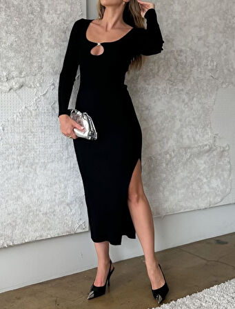 leyla sanat sanata yeni bir bakış açısı Kadın Uzun Kollu Yaka Damla Detay Mini Aksesuarlı Yırtmaç Detay Krep Elbise