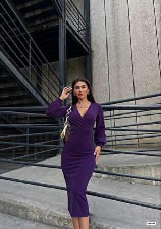 leyla sanat sanata yeni bir bakış açısı Kadın Kruvaze Yaka Balon Kol Simli Krep Kumaş Midi Boy Elbise