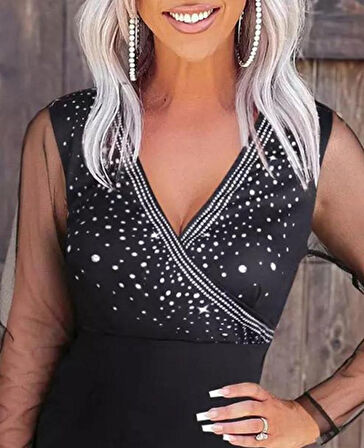 leyla sanat sanata yeni bir bakış açısı Kadın Uzun Kollu Kruvaze Yaka üst Kısım Taşlı Detay Krep Mini Boy Elbise