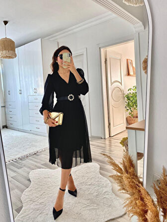 leyla sanat sanata yeni bir bakış açısı Kadın şifon Kumaş Astalı Kloş Kesim Kruvaze Yaka Midi Boy Elbise