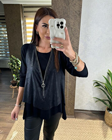 leyla sanat sanata yeni bir bakış açısı Kadın Uzun Kol Asimetrik Kesim Viskon Bluz Ve çatlak Deri Gö