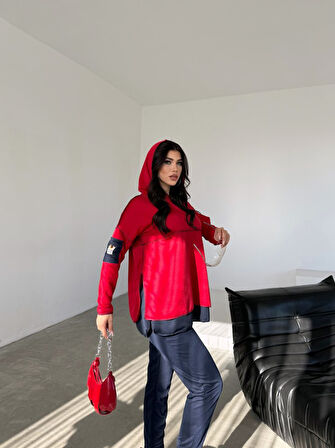 leyla sanat sanata yeni bir bakış açısı Kadın Kırmızı Kapşonlu Etek Ucu Detay Arma Ters Dikiş Gorunumlu Ikili Takım