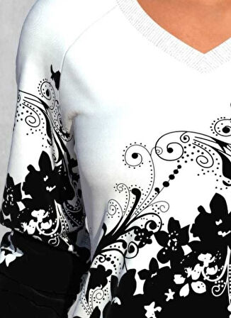 leyla sanat sanata yeni bir bakış açısı Kadın Uzun Kollu V Yakalı çiçek Baskılı şardonlu Dalgıç Bluz