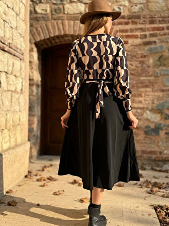 leyla sanat sanata yeni bir bakış açısı Kadın Uzun Kollu Kruvaze Yaka Dalgıç Krep Midi Boy Elbise