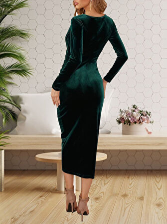 leyla sanat sanata yeni bir bakış açısı Kadın Uzun Kollu Kruvaze Yaka Belden Büzgü Detay Midi Kadife Elbise