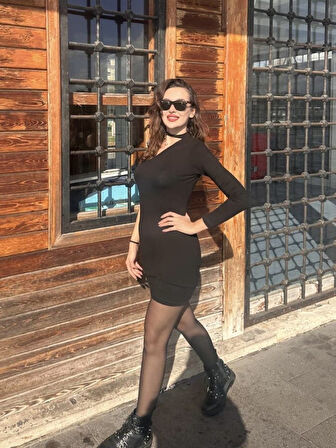 leyla sanat sanata yeni bir bakış açısı Kadın Uzun Kollu Tek Omuz Ve Kol Açık Detay Viskon Mini Boy Elbise