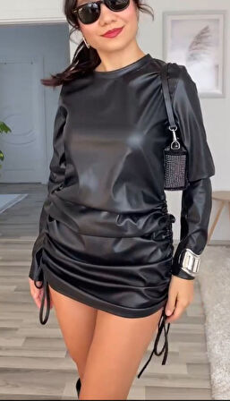 leyla sanat sanata yeni bir bakış açısı Kadın Uzun Kollu Bisiklet Yaka Yandan Büzgülü Kısa Deri Elbise