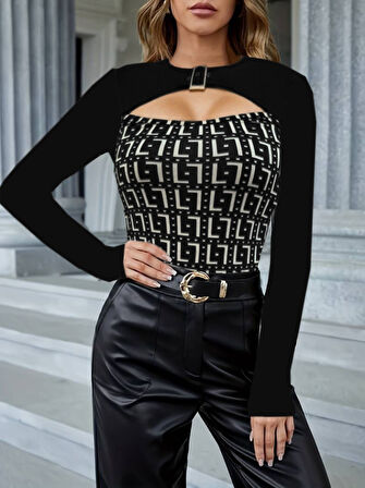 leyla sanat sanata yeni bir bakış açısı Kadın Uzun Kollu Bisiklet Yaka Göğüs Dekolte Ve Toka Detay Dalgıç Bluz