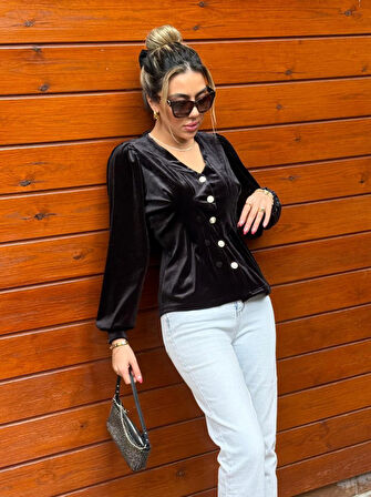 leyla sanat sanata yeni bir bakış açısı Kadın Uzun Kollu V Yakalı önden Düğmeli Kısa Kadife Bluz