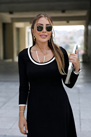 leyla sanat sanata yeni bir bakış açısı Kadın Uzun Kollu Derin Yuvarlak Yakalı Kısa Viskon Iki Iplik Elbise