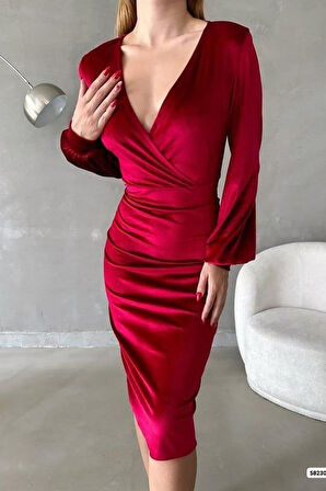 leyla sanat sanata yeni bir bakış açısı Kadın Kadife Kumaş Kruvaze Yaka Balon Kol Ve Yırtmaç Detaylı Midi Boy Elbise