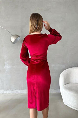 leyla sanat sanata yeni bir bakış açısı Kadın Kadife Kumaş Kruvaze Yaka Balon Kol Ve Yırtmaç Detaylı Midi Boy Elbise