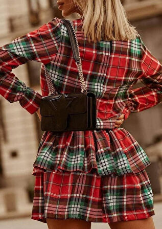 leyla sanat sanata yeni bir bakış açısı Kadın Ekose Kumaş Dijital Baskılı Uzun Kollu Mini Boy Elbise