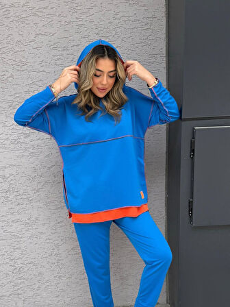 leyla sanat sanata yeni bir bakış açısı Kadın Indigo Kapşonlu Etek Ucu Detay Arma Ters Dikiş Gorunumlu Ikili Takım