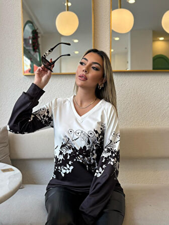 leyla sanat sanata yeni bir bakış açısı Kadın Uzun Kollu V Yakalı çiçek Baskılı şardonlu Dalgıç Bluz