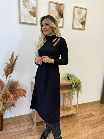 leyla sanat sanata yeni bir bakış açısı Kadın Uzun Kollu Balıkçı Yaka Omuzda Damla Detaylı Yırtmaçlı Krep Midi Elbise