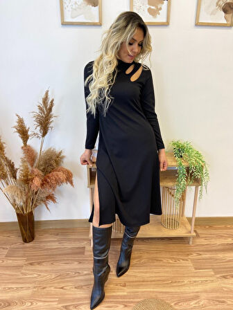 leyla sanat sanata yeni bir bakış açısı Kadın Uzun Kollu Balıkçı Yaka Omuzda Damla Detaylı Yırtmaçlı Krep Midi Elbise