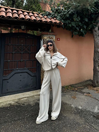 leyla sanat sanata yeni bir bakış açısı Fermuarlı Eşofman Pantolon İkili Takım - Beyaz