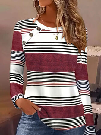 leyla sanat sanata yeni bir bakış açısı Kadın Uzun Kollu Bisiklet Yaka Düğme Detaylı Desenli Süprem Bluz