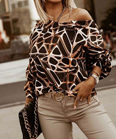 leyla sanat sanata yeni bir bakış açısı Kadın Uzun Kollu V Yaka Düşük Omuz Geometrik Desen şardonlu Dalgıç Bluz