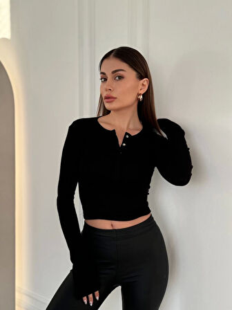 leyla sanat sanata yeni bir bakış açısı Cıt Cıt Detaylı Uzun Kollu Crop - Siyah
