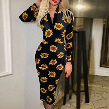 leyla sanat sanata yeni bir bakış açısı Kadın Uzun Kollu V Yaka Puantiyeli Krep Midi Boy Elbise