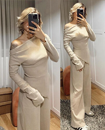 leyla sanat sanata yeni bir bakış açısı Kadın Uzun Kollu Omuzlardan Açık Asimetrik Kesim Kaşkorse Bluz Ve Pantolon Ikili Pantolon