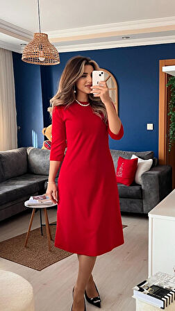 leyla sanat sanata yeni bir bakış açısı Kadın Uzun Kollu Bisiklet Yaka Midi Ithal Krep Elbise