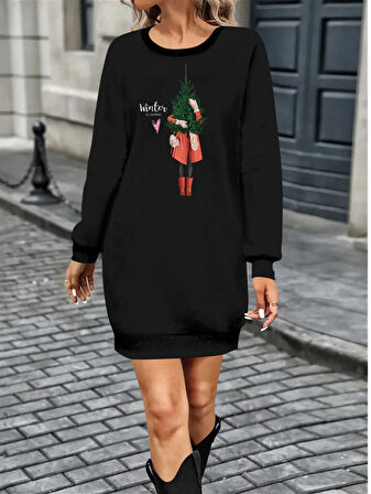 leyla sanat sanata yeni bir bakış açısı Kadın Uzun Kollu Bisiklet Yaka Desenli Kısa Viskon Iki Iplik Elbise