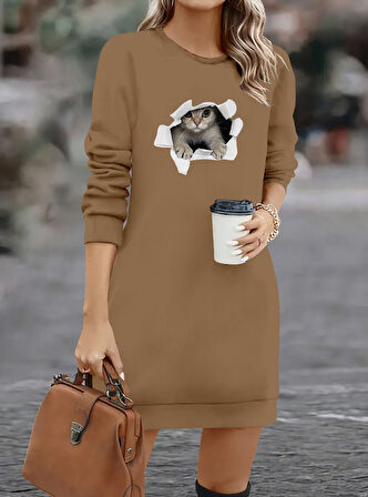 leyla sanat sanata yeni bir bakış açısı Kadın Uzun Kollu Bisiklet Yaka Kısa Viskon Iki Iplik Elbise