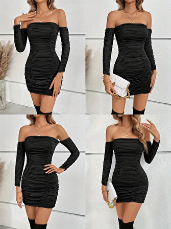 leyla sanat sanata yeni bir bakış açısı Kadın Uzun Kollu Omuzlardan Açık Takma Kollu Büzgülü Sandy Kısa Elbise