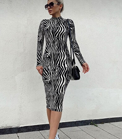 leyla sanat sanata yeni bir bakış açısı Kadın Zebra Desen Süet Kumaş Fırsat ürün Midi Boy Elbise