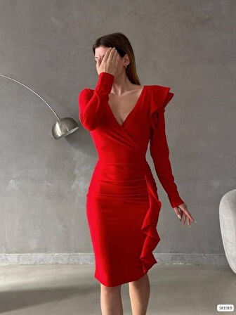 leyla sanat sanata yeni bir bakış açısı Kadın Kruvaze Yaka Volan Detay Midi Boy Fırsat ürün Elbise