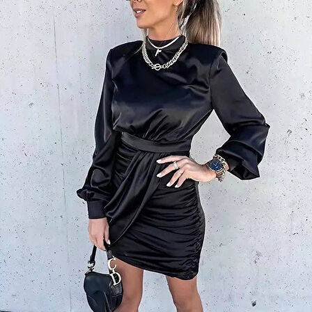 leyla sanat sanata yeni bir bakış açısı Kadın Yarım Balıkçı Yaka Vatka Ve Büzgü Detay Mini Elbise