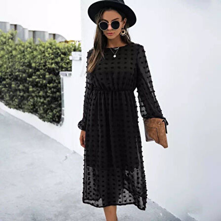 leyla sanat sanata yeni bir bakış açısı Kadın Uzun Kollu Astar Detay Fırsat ürün Ponpon şifon Elbise