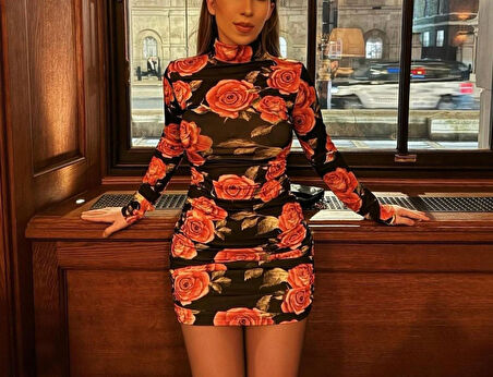 leyla sanat sanata yeni bir bakış açısı Kadın Balıkçı Yaka Gül Baskılı Fırsat ürün Mini Elbise