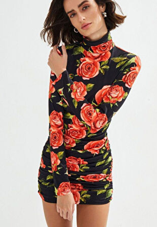 leyla sanat sanata yeni bir bakış açısı Kadın Balıkçı Yaka Gül Baskılı Fırsat ürün Mini Elbise