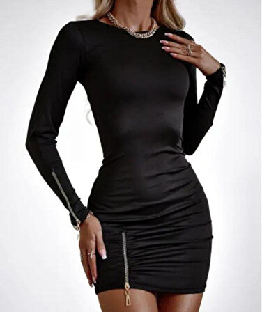 leyla sanat sanata yeni bir bakış açısı Kadın Bisiklet Yaka Fermuar Detay Fırsat ürün Büzgülü Mini Elbise