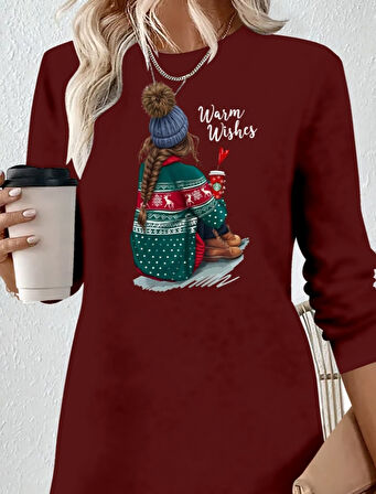 leyla sanat sanata yeni bir bakış açısı Kadın Uzun Kollu Bisiklet Yaka Desenli Viskon Iki Iplik Elbise