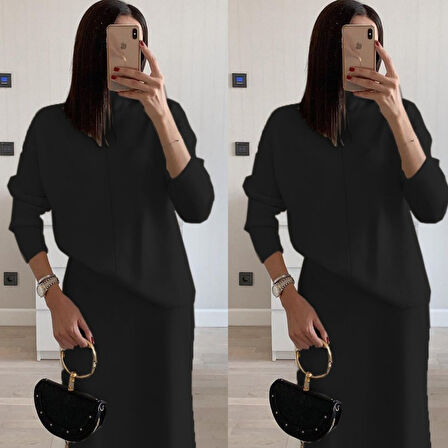 leyla sanat sanata yeni bir bakış açısı Kadın Uzun Kollu Boğazlı Kazak Ve Yanı Yırtmaçlı Etek Akrilik Ikili Takım