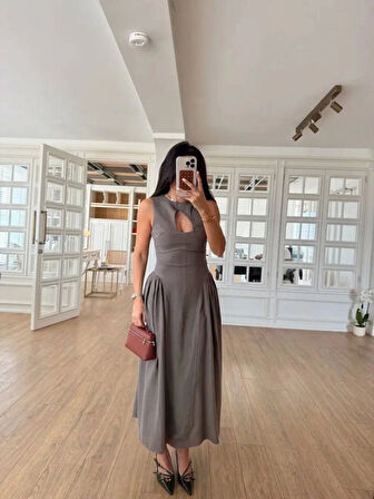 leyla sanat sanata yeni bir bakış açısı Kolsuz Uzun Kabardin Elbise - Gri