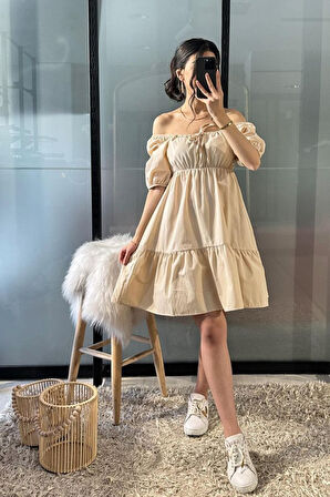 leyla sanat sanata yeni bir bakış açısı 2351 Kloş Poplin Elbise - Krem