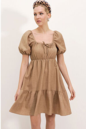 leyla sanat sanata yeni bir bakış açısı 2351 Kloş Poplin Elbise - Camel