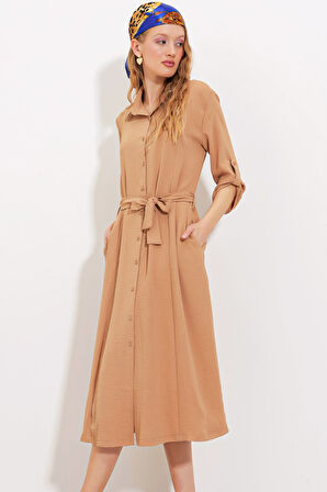 leyla sanat sanata yeni bir bakış açısı Camel Kuşaklı Gömlek Elbise 2442