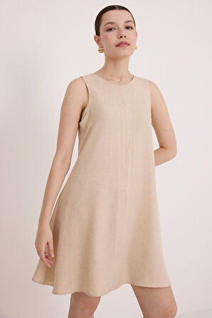 leyla sanat sanata yeni bir bakış açısı Mini Keten Elbise - Bej