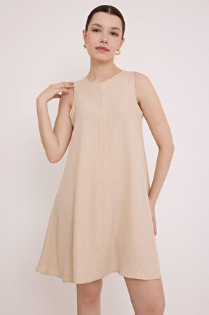 leyla sanat sanata yeni bir bakış açısı Mini Keten Elbise - Bej