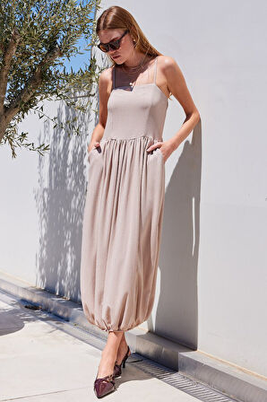 leyla sanat sanata yeni bir bakış açısı 2492 Askılı Örme Salopet Elbise - Bej