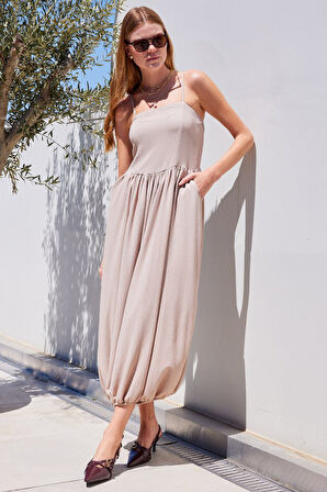 leyla sanat sanata yeni bir bakış açısı 2492 Askılı Örme Salopet Elbise - Bej