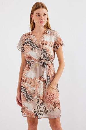 leyla sanat sanata yeni bir bakış açısı 2502 Kısa Kol Desenli Şifon Elbise - Bej